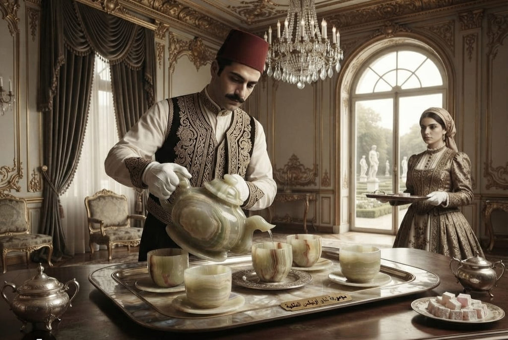 Hand-Carved Egyptian Alabaster Tea Set — Teapot & Cups, Luxury Natural Stone