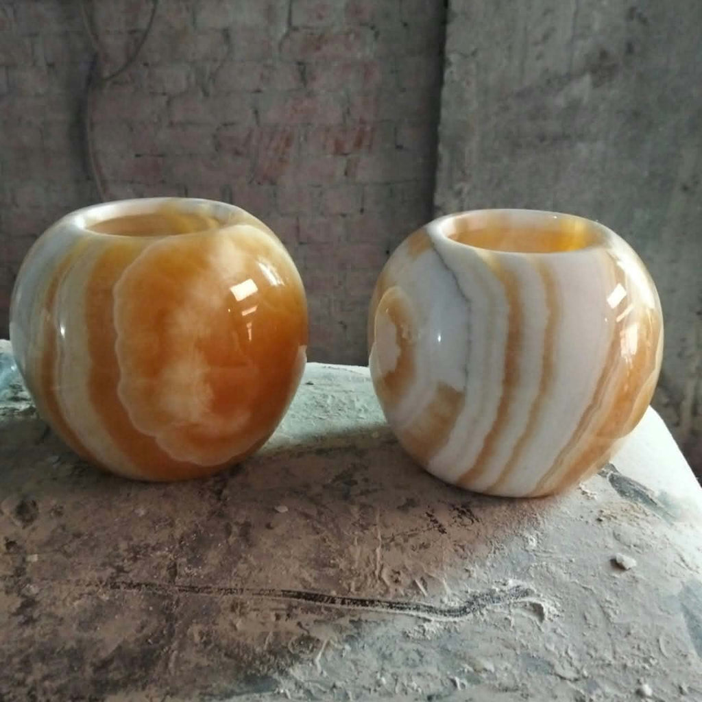 Hand-Carved Onyx Sphere Candle Holders (Set of 2) — Warm Ambient Glow