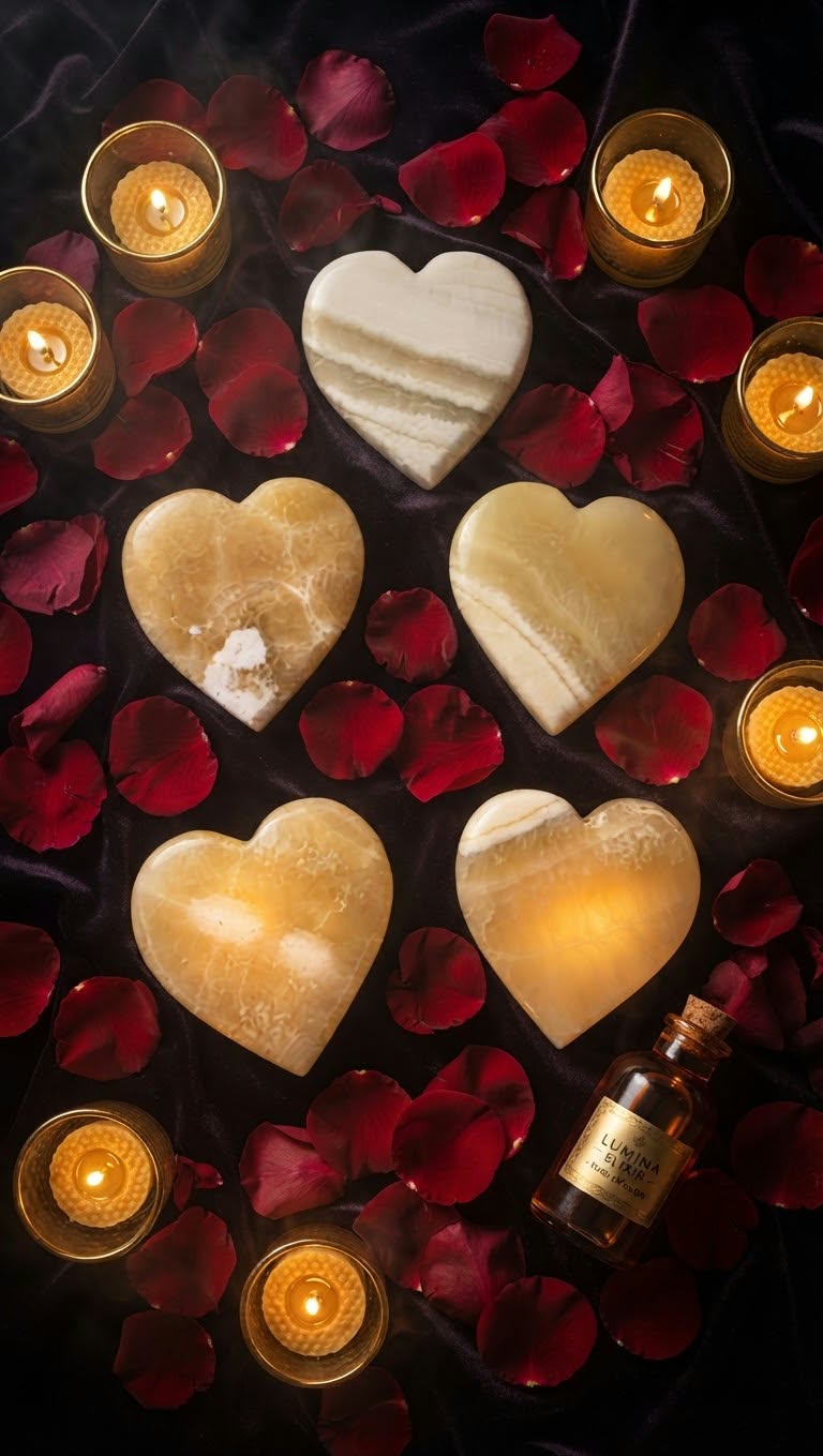 Set of 5 Natural Honey Calcite Stone Hearts + Free Aura Essential Oil