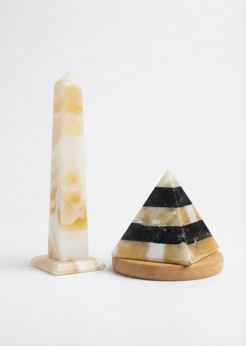 Hand-Carved Egyptian Alabaster Obelisk & Marble Pyramid Set