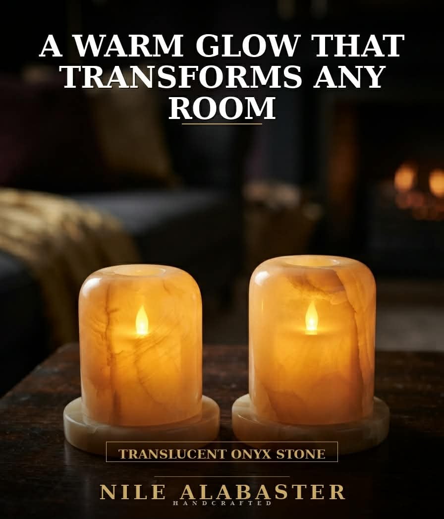Hand-Carved Translucent Onyx Candle Holders (Set of 2) – Premium Natural Alabaster Stone Tealight Lanterns for Cozy Home Decor & Ambient Lighting✍️