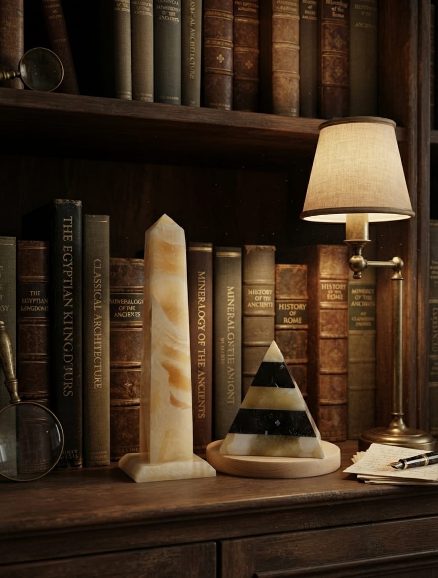 Hand-Carved Egyptian Alabaster Obelisk & Marble Pyramid Set