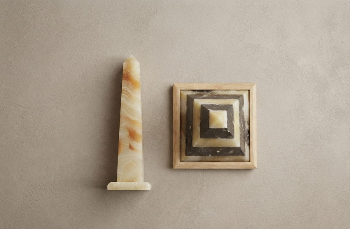 Hand-Carved Egyptian Alabaster Obelisk & Marble Pyramid Set
