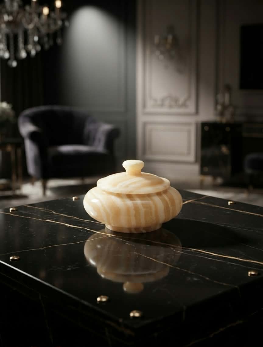 Hand-Carved Egyptian Onyx Jewelry Box — Luxury Natural Stone Keepsake Box