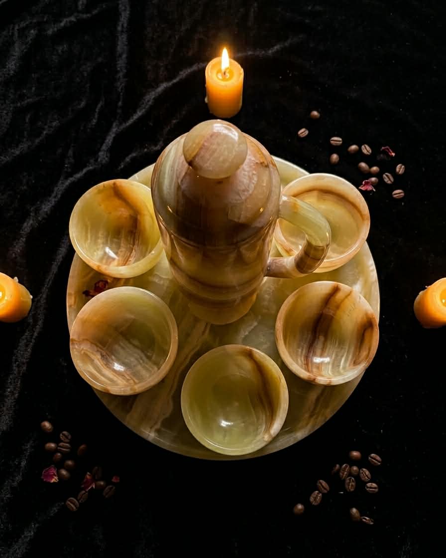 Handcrafted Onyx Coffee Set with Tray - Natural Onyx Stone