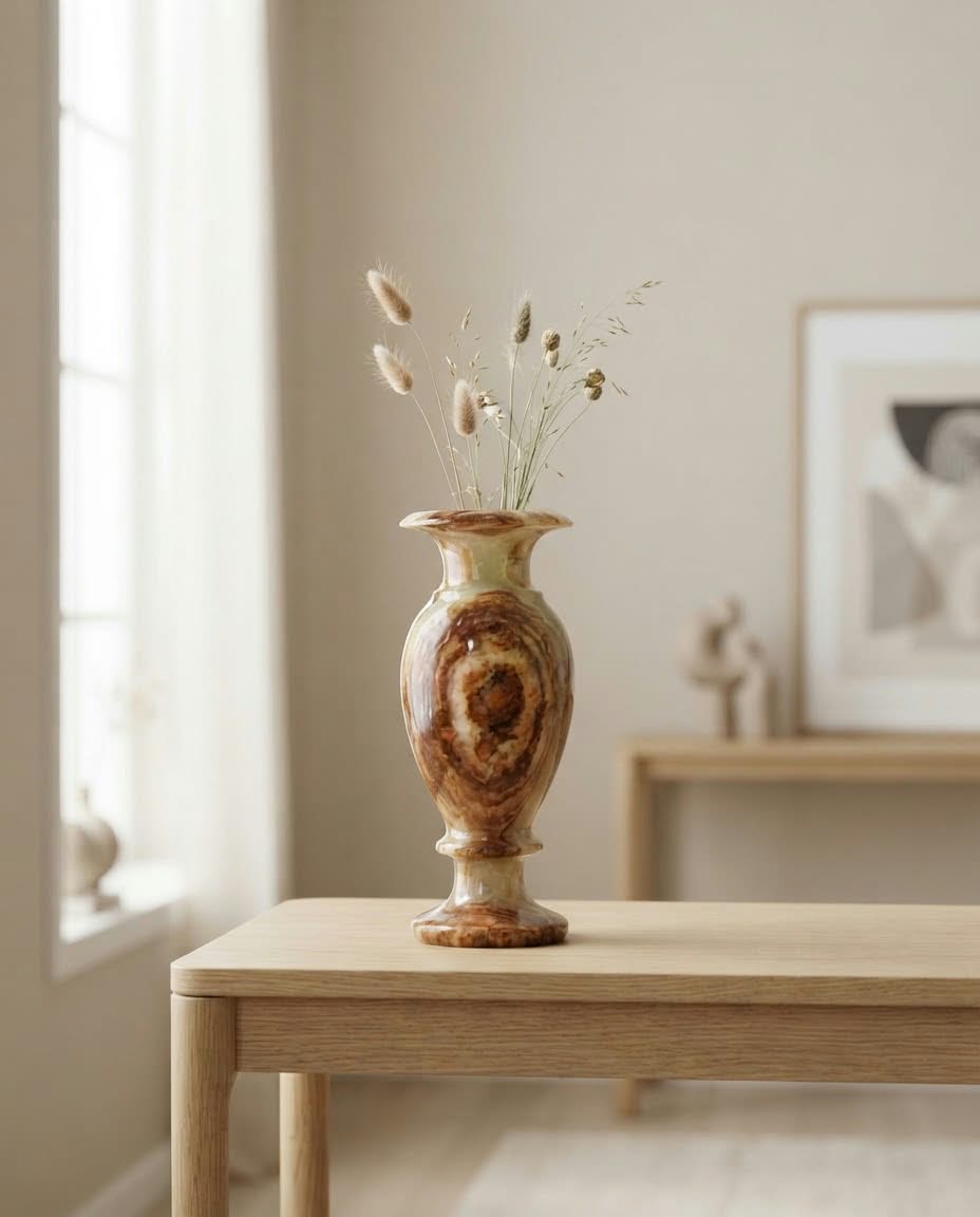 Handmade Alabaster Onyx Vase – Natural Brown & Cream Swirl Decorative Vase, Luxury Artisanal Home Decor & Executive Gift
