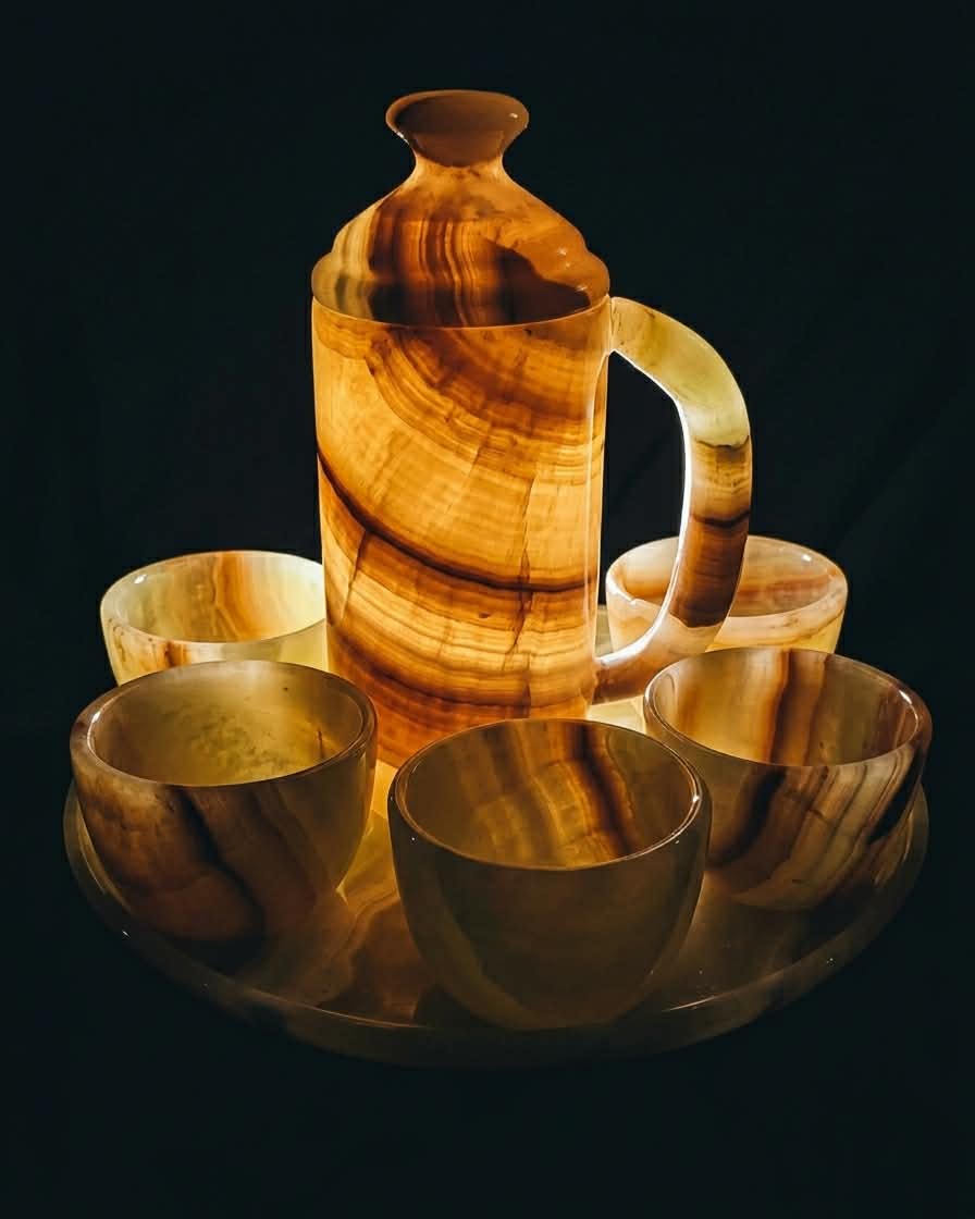 Handcrafted Onyx Coffee Set with Tray - Natural Onyx Stone