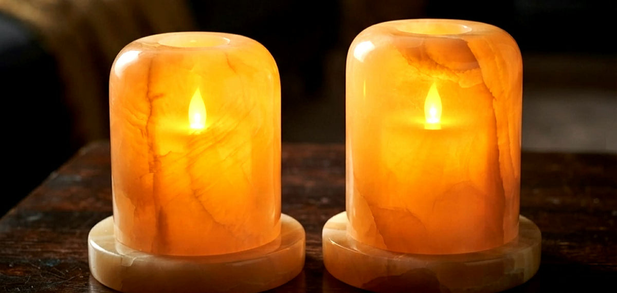 Hand-Carved Translucent Onyx Candle Holders (Set of 2) – Premium Natural Alabaster Stone Tealight Lanterns for Cozy Home Decor & Ambient Lighting✍️