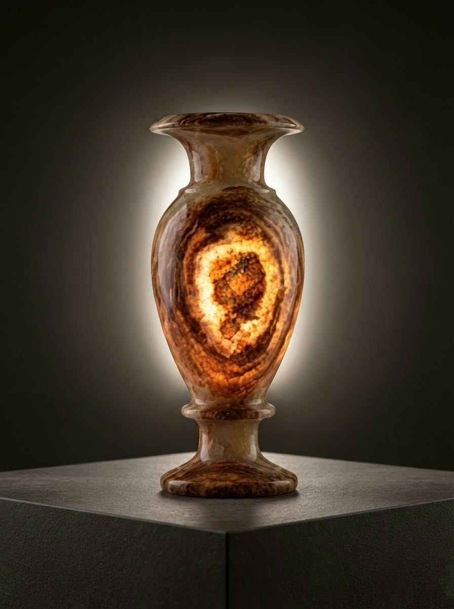 Handmade Alabaster Onyx Vase – Natural Brown & Cream Swirl Decorative Vase, Luxury Artisanal Home Decor & Executive Gift