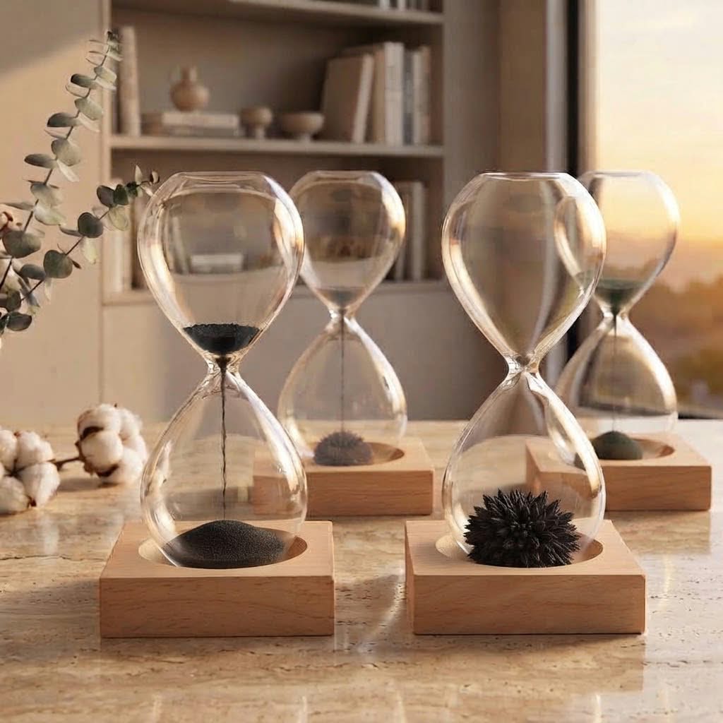 Luxury Magnetic Hourglass Timer – Handcrafted Wooden Base Art Piece for Office & Home Decor