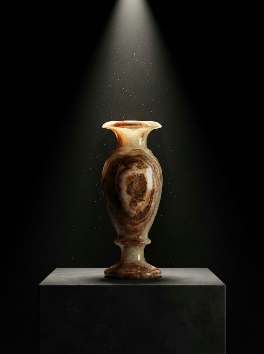Handmade Alabaster Onyx Vase – Natural Brown & Cream Swirl Decorative Vase, Luxury Artisanal Home Decor & Executive Gift