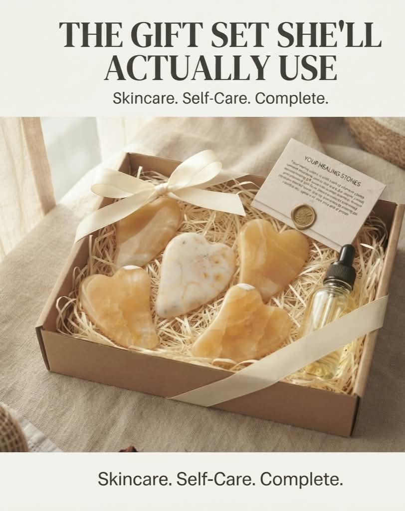 Nile Alabaster Hearts Gua Sha Set (5-Piece) – 100% Natural Egyptian Onyx Facial Sculpting Tools with Organic Facial Oil | Luxury Self-Care Gift