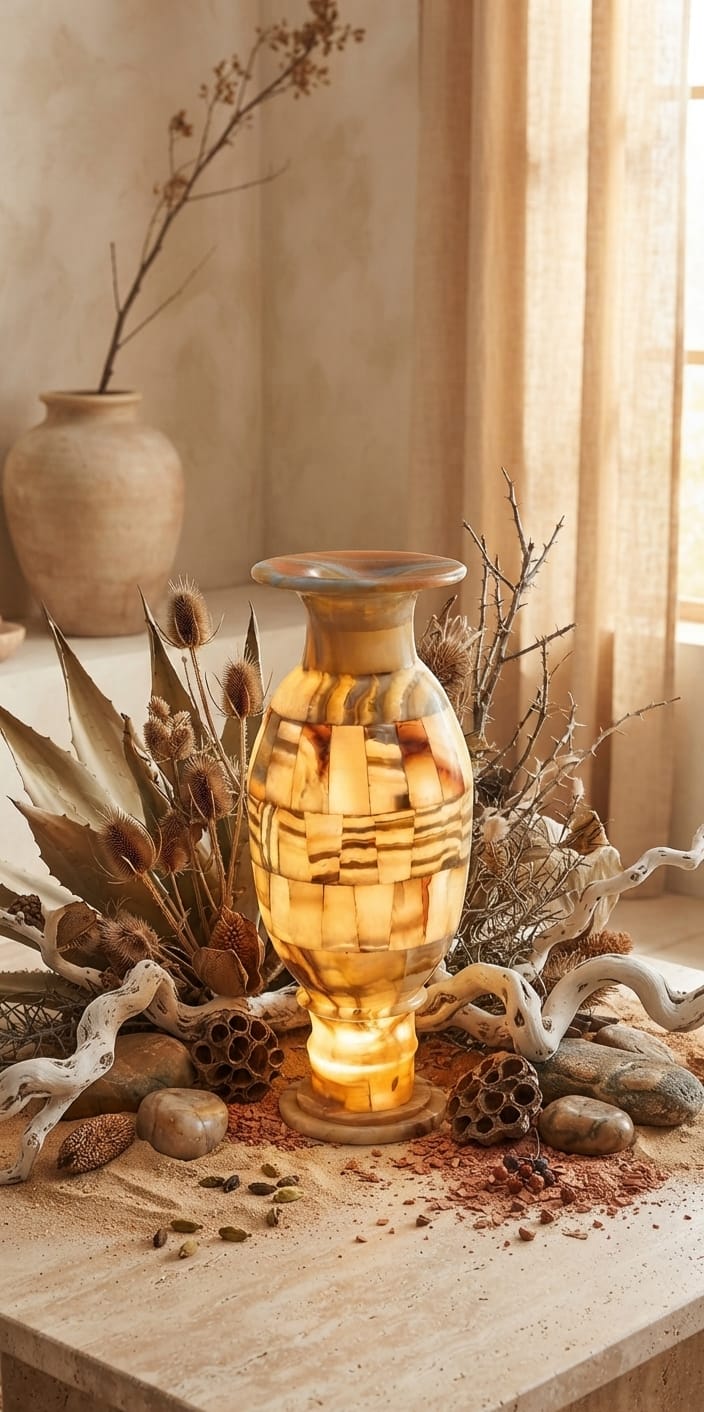 Hand-Carved Egyptian Alabaster Vase — Amber Glow Natural Stone Vase