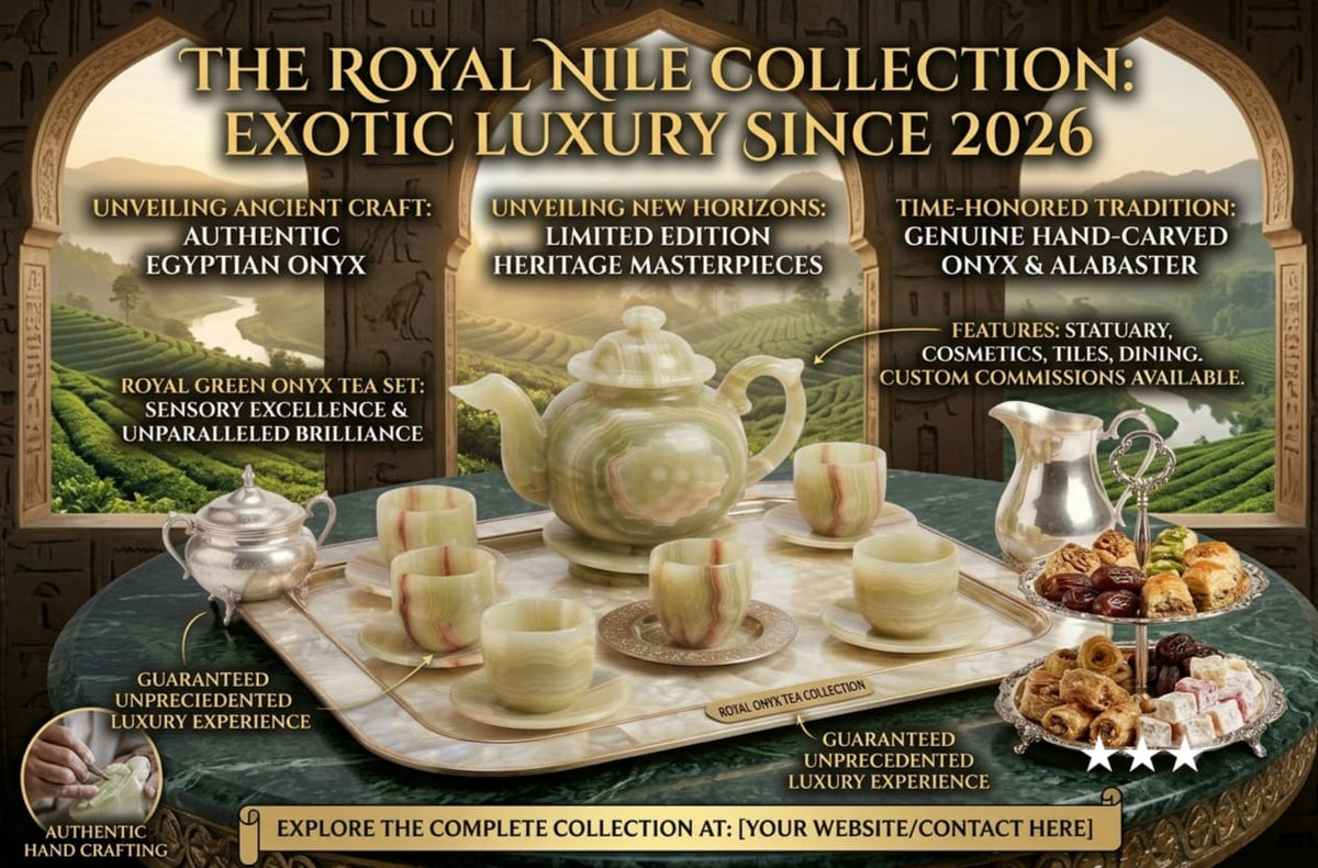 Hand-Carved Egyptian Alabaster Tea Set — Teapot & Cups, Luxury Natural Stone