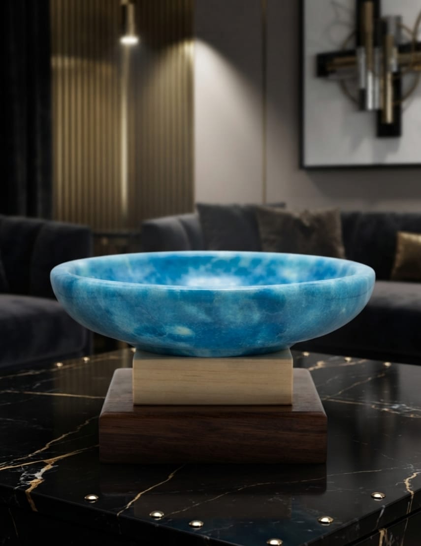 One-of-a-Kind Handcrafted Egyptian Alabaster Decorative Bowl — Blue Onyx