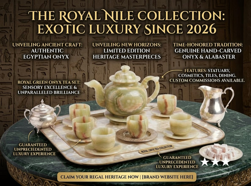 Hand-Carved Egyptian Alabaster Tea Set — Teapot & Cups, Luxury Natural Stone