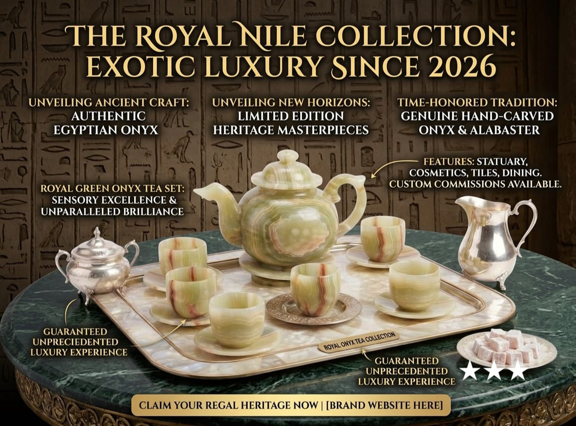 Hand-Carved Egyptian Alabaster Tea Set — Teapot & Cups, Luxury Natural Stone
