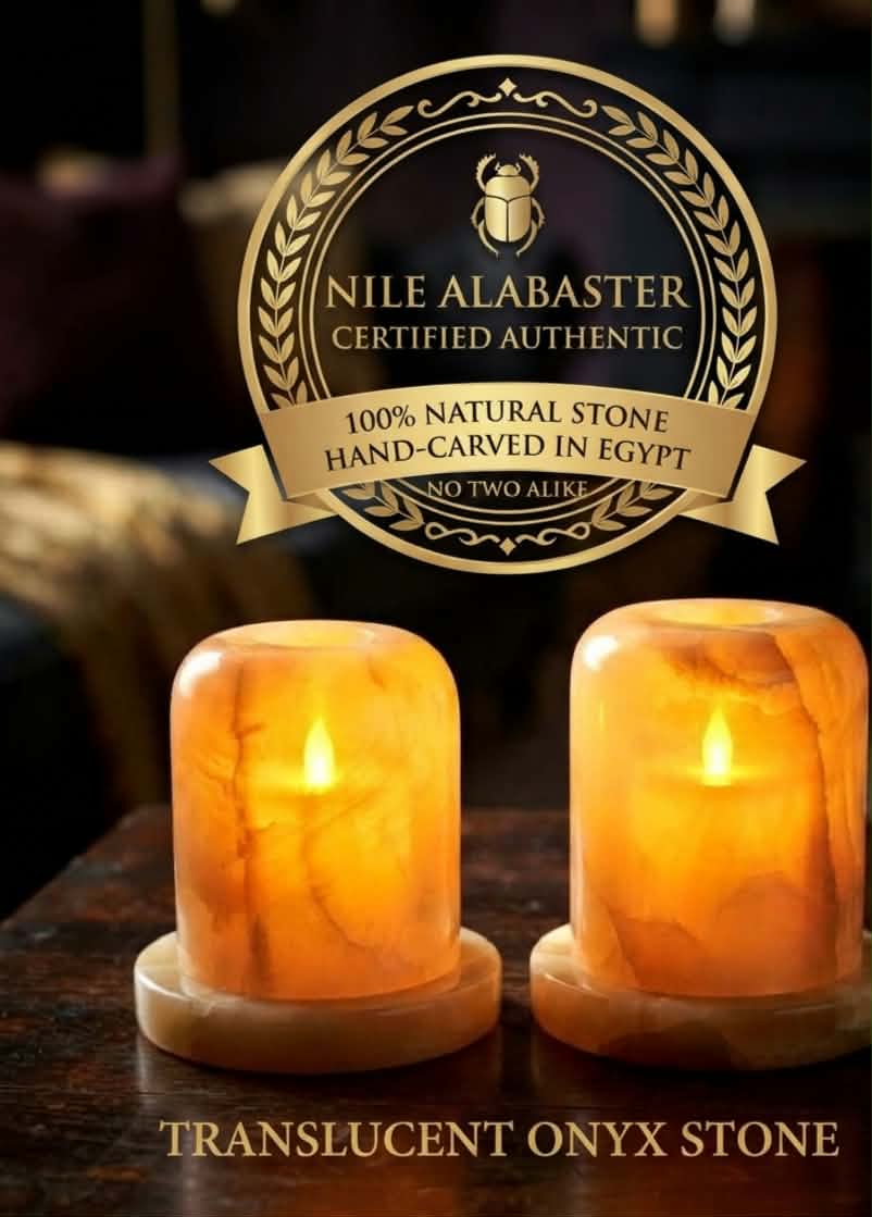 Hand-Carved Translucent Onyx Candle Holders (Set of 2) – Premium Natural Alabaster Stone Tealight Lanterns for Cozy Home Decor & Ambient Lighting✍️
