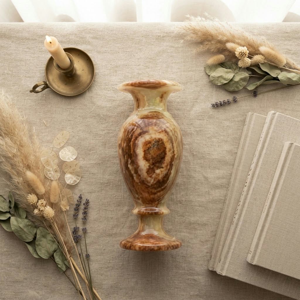 Handmade Alabaster Onyx Vase – Natural Brown & Cream Swirl Decorative Vase, Luxury Artisanal Home Decor & Executive Gift