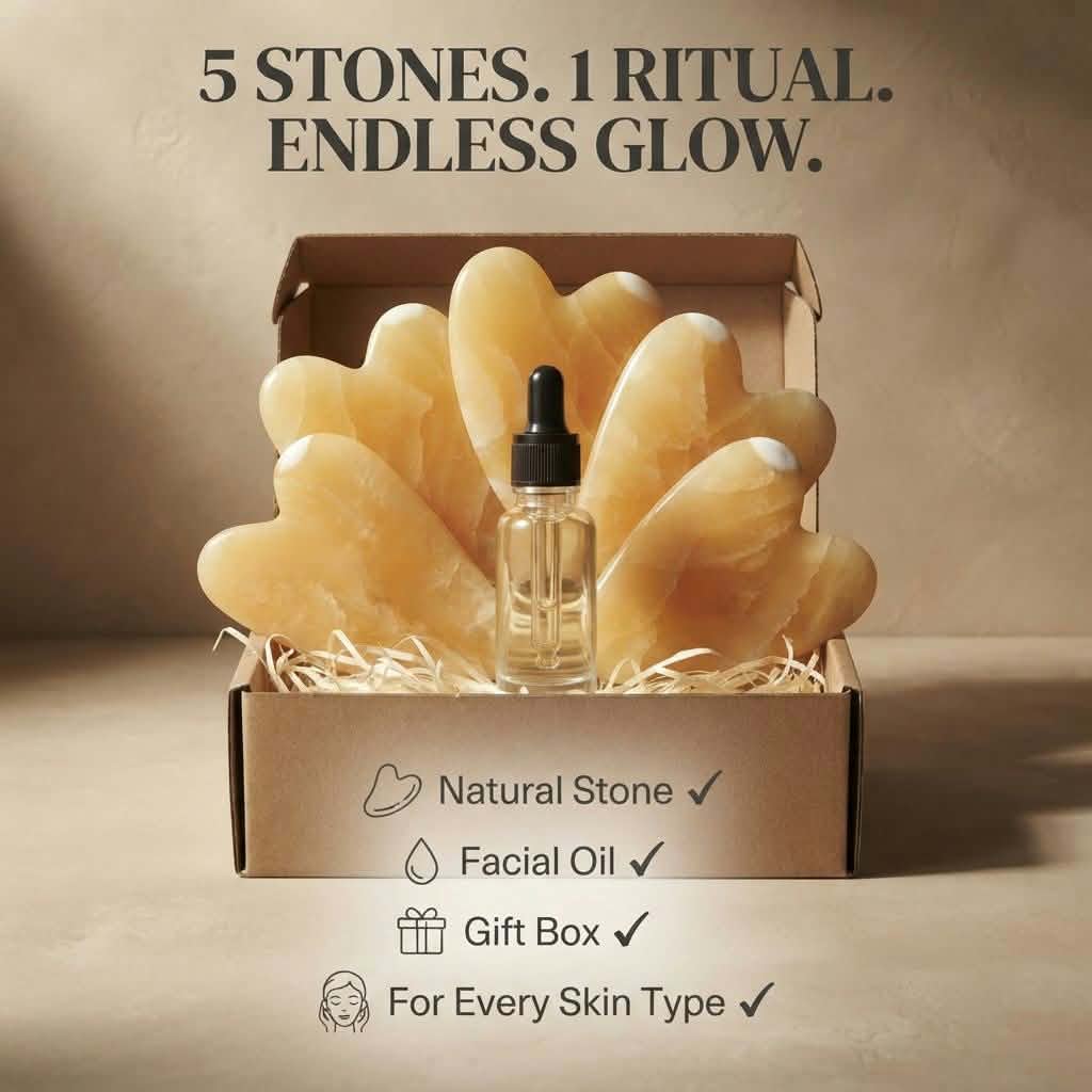 Nile Alabaster Hearts Gua Sha Set (5-Piece) – 100% Natural Egyptian Onyx Facial Sculpting Tools with Organic Facial Oil | Luxury Self-Care Gift