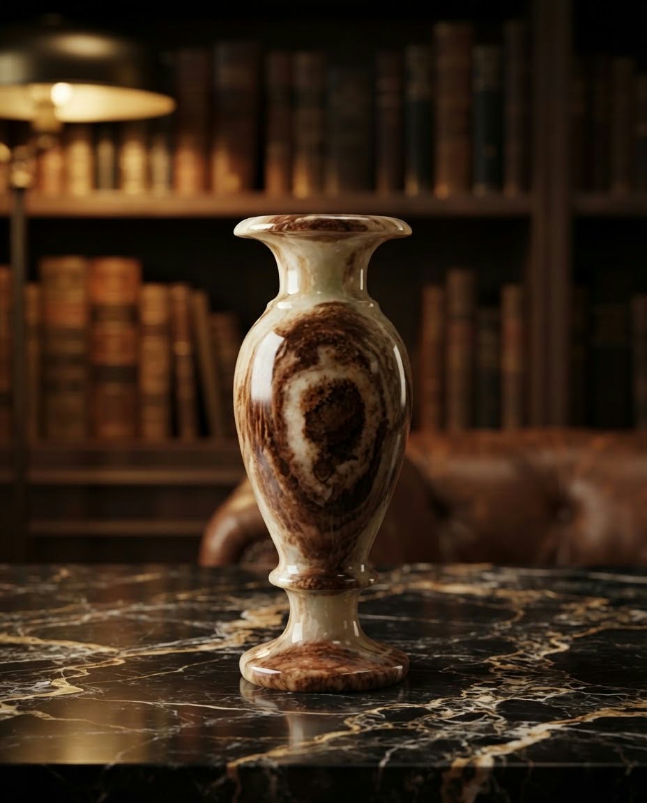 Handmade Alabaster Onyx Vase – Natural Brown & Cream Swirl Decorative Vase, Luxury Artisanal Home Decor & Executive Gift