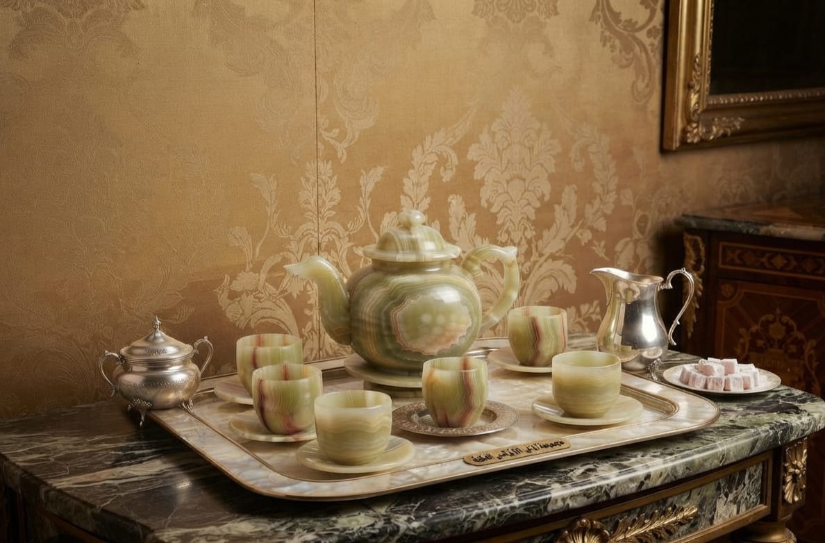 Hand-Carved Egyptian Alabaster Tea Set — Teapot & Cups, Luxury Natural Stone