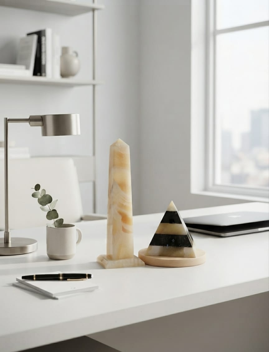 Hand-Carved Egyptian Alabaster Obelisk & Marble Pyramid Set
