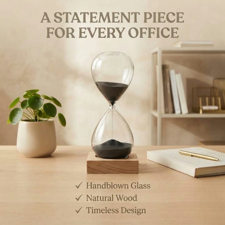 Luxury Black Sand Hourglass | 30-Minute Focus Timer | Wood Base