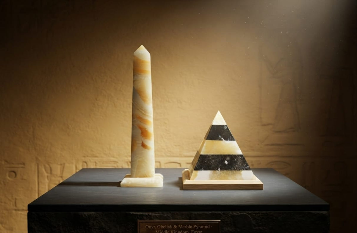 Hand-Carved Egyptian Alabaster Obelisk & Marble Pyramid Set