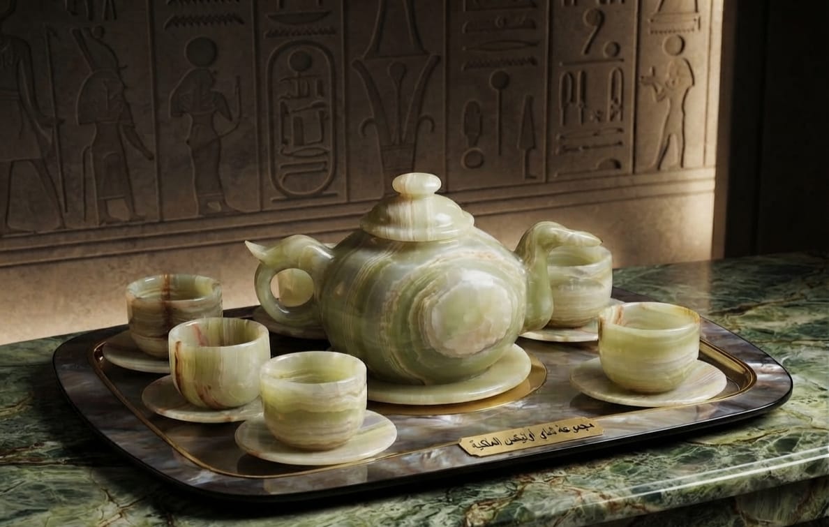 Hand-Carved Egyptian Alabaster Tea Set — Teapot & Cups, Luxury Natural Stone