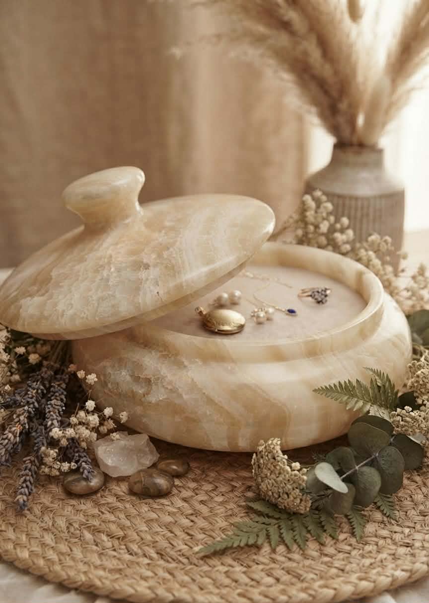 Hand-Carved Egyptian Onyx Jewelry Box — Luxury Natural Stone Keepsake Box