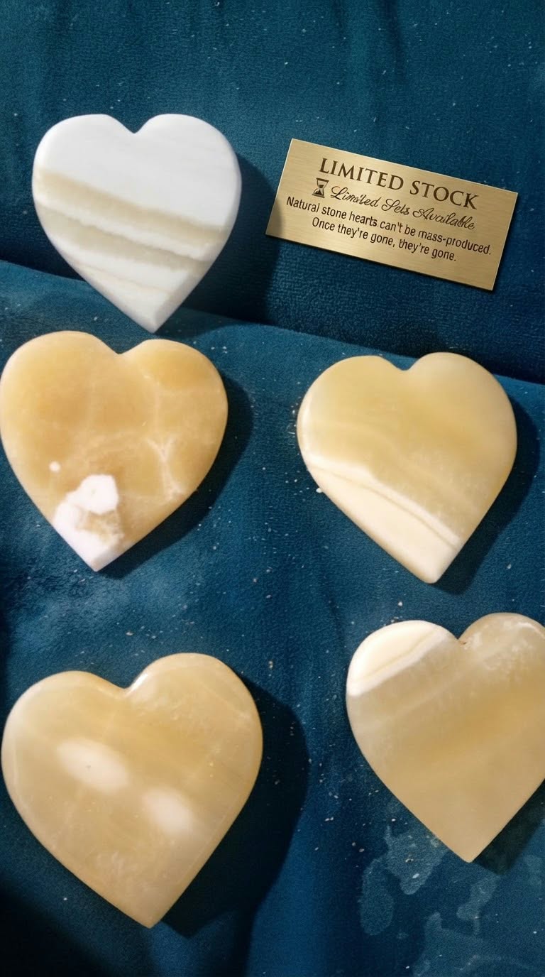 Set of 5 Natural Honey Calcite Stone Hearts + Free Aura Essential Oil