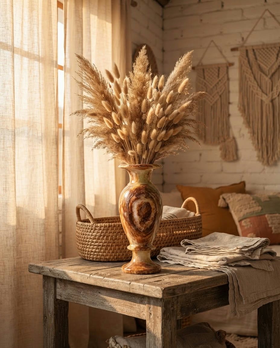 Handmade Alabaster Onyx Vase – Natural Brown & Cream Swirl Decorative Vase, Luxury Artisanal Home Decor & Executive Gift