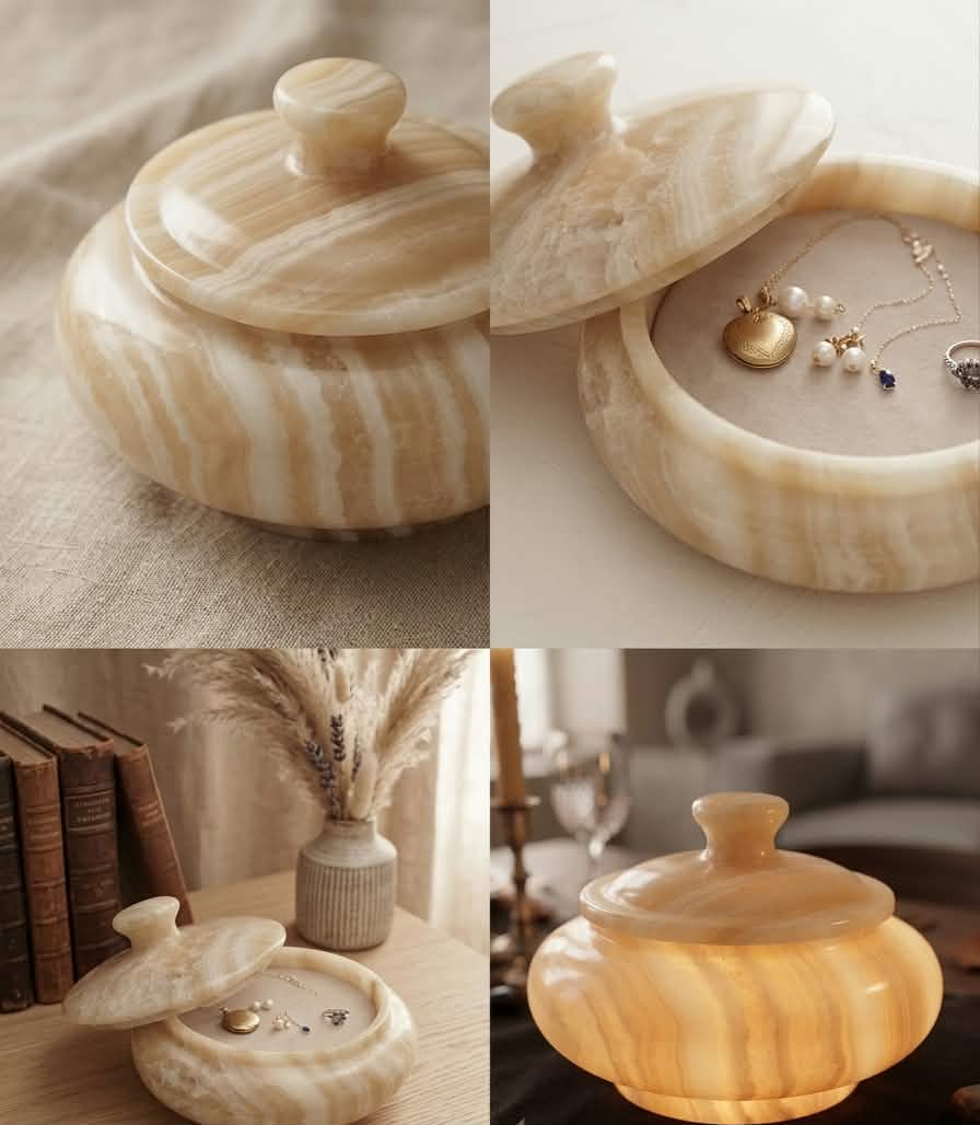 Hand-Carved Egyptian Onyx Jewelry Box — Luxury Natural Stone Keepsake Box
