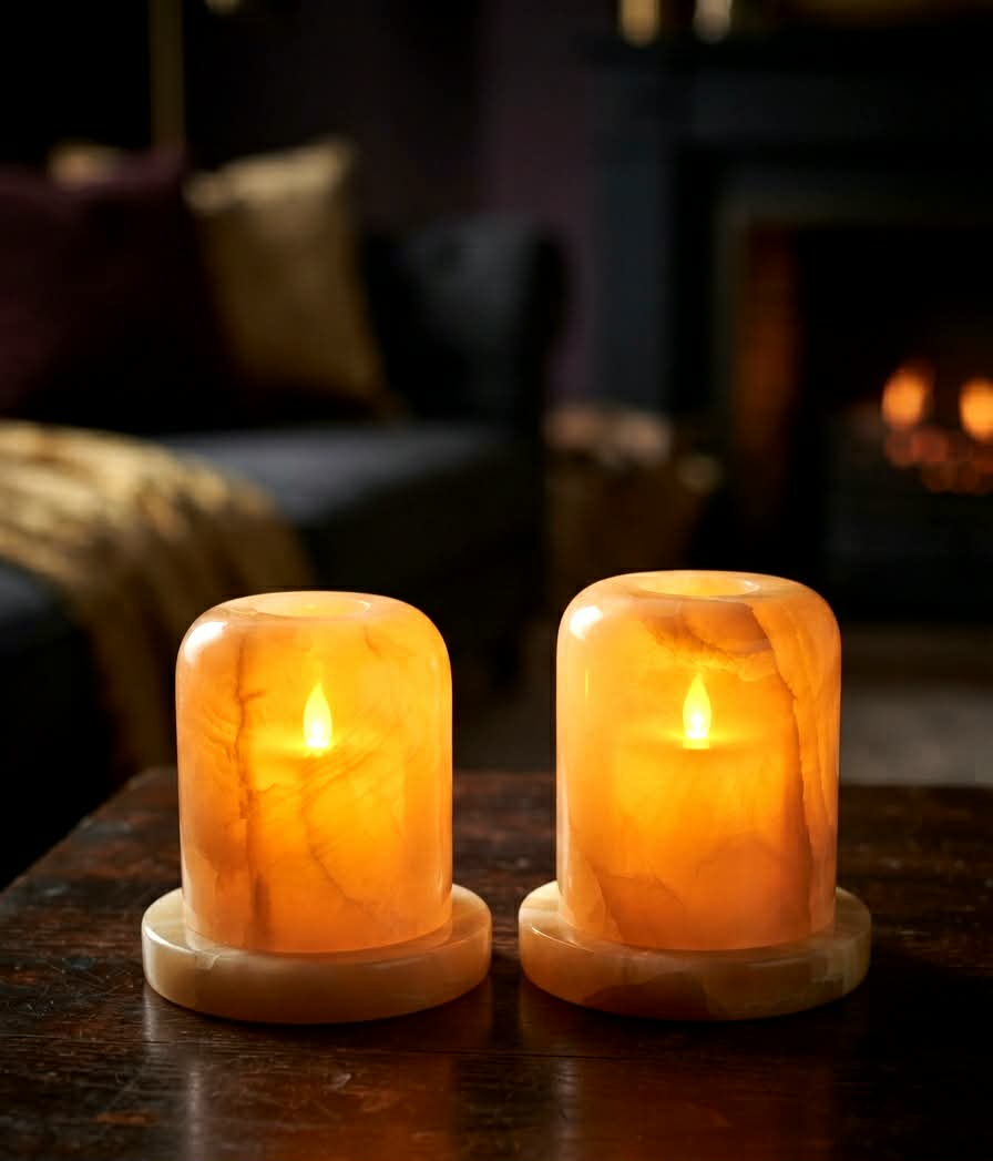 Hand-Carved Translucent Onyx Candle Holders (Set of 2) – Premium Natural Alabaster Stone Tealight Lanterns for Cozy Home Decor & Ambient Lighting✍️