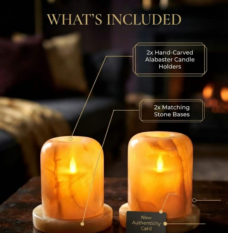 Hand-Carved Translucent Onyx Candle Holders (Set of 2) – Premium Natural Alabaster Stone Tealight Lanterns for Cozy Home Decor & Ambient Lighting✍️