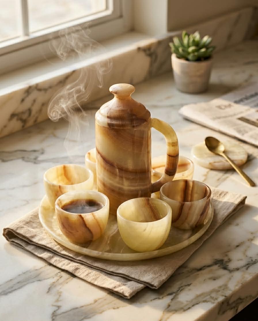 Handcrafted Onyx Coffee Set with Tray - Natural Onyx Stone