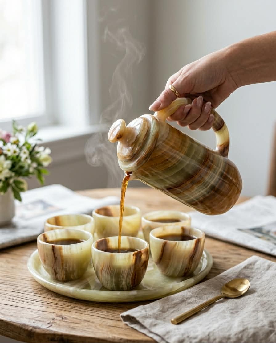 Handcrafted Onyx Coffee Set with Tray - Natural Onyx Stone