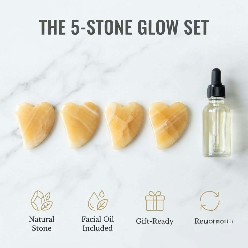Nile Alabaster Hearts Gua Sha Set (5-Piece) – 100% Natural Egyptian Onyx Facial Sculpting Tools with Organic Facial Oil | Luxury Self-Care Gift