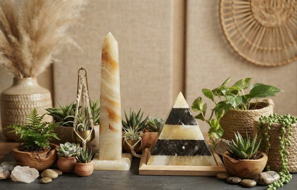 Hand-Carved Egyptian Alabaster Obelisk & Marble Pyramid Set