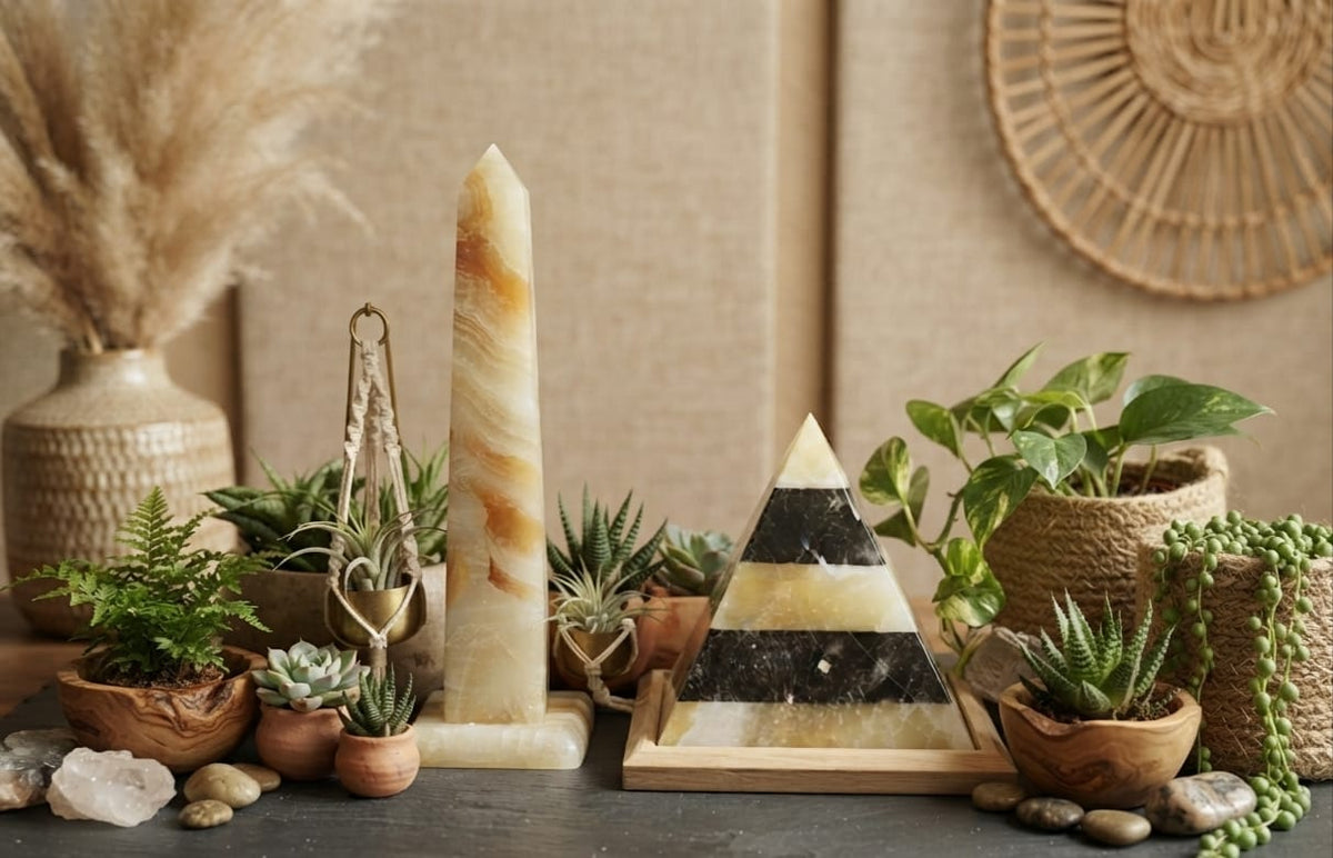 Hand-Carved Egyptian Alabaster Obelisk & Marble Pyramid Set