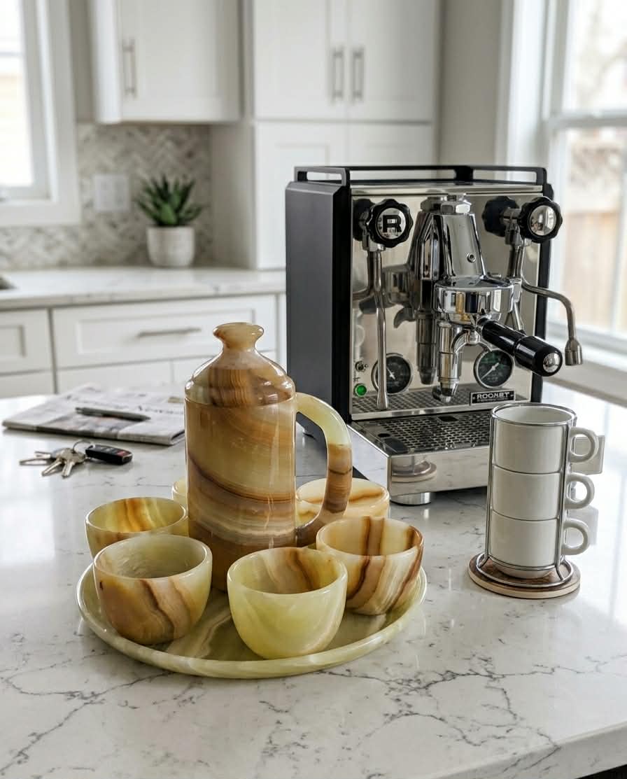 Handcrafted Onyx Coffee Set with Tray - Natural Onyx Stone