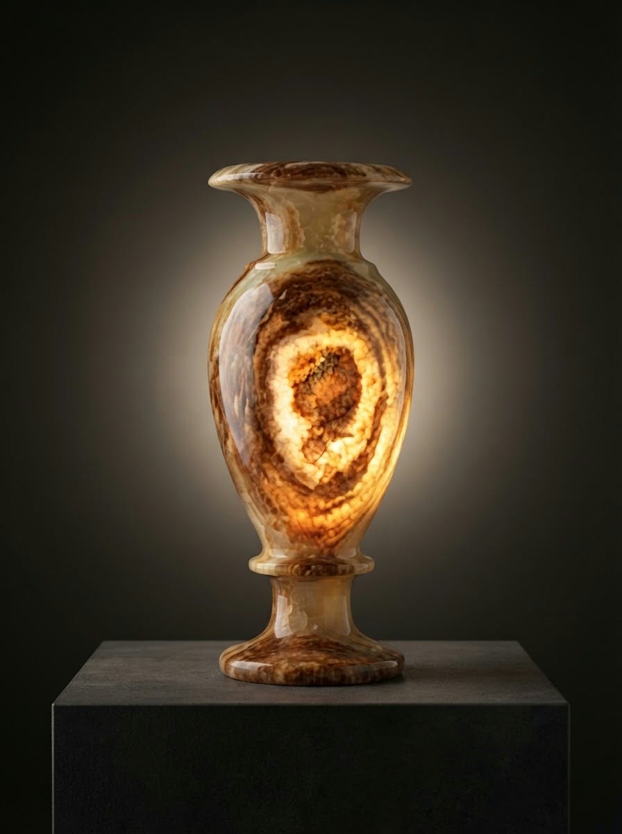 Handmade Alabaster Onyx Vase – Natural Brown & Cream Swirl Decorative Vase, Luxury Artisanal Home Decor & Executive Gift