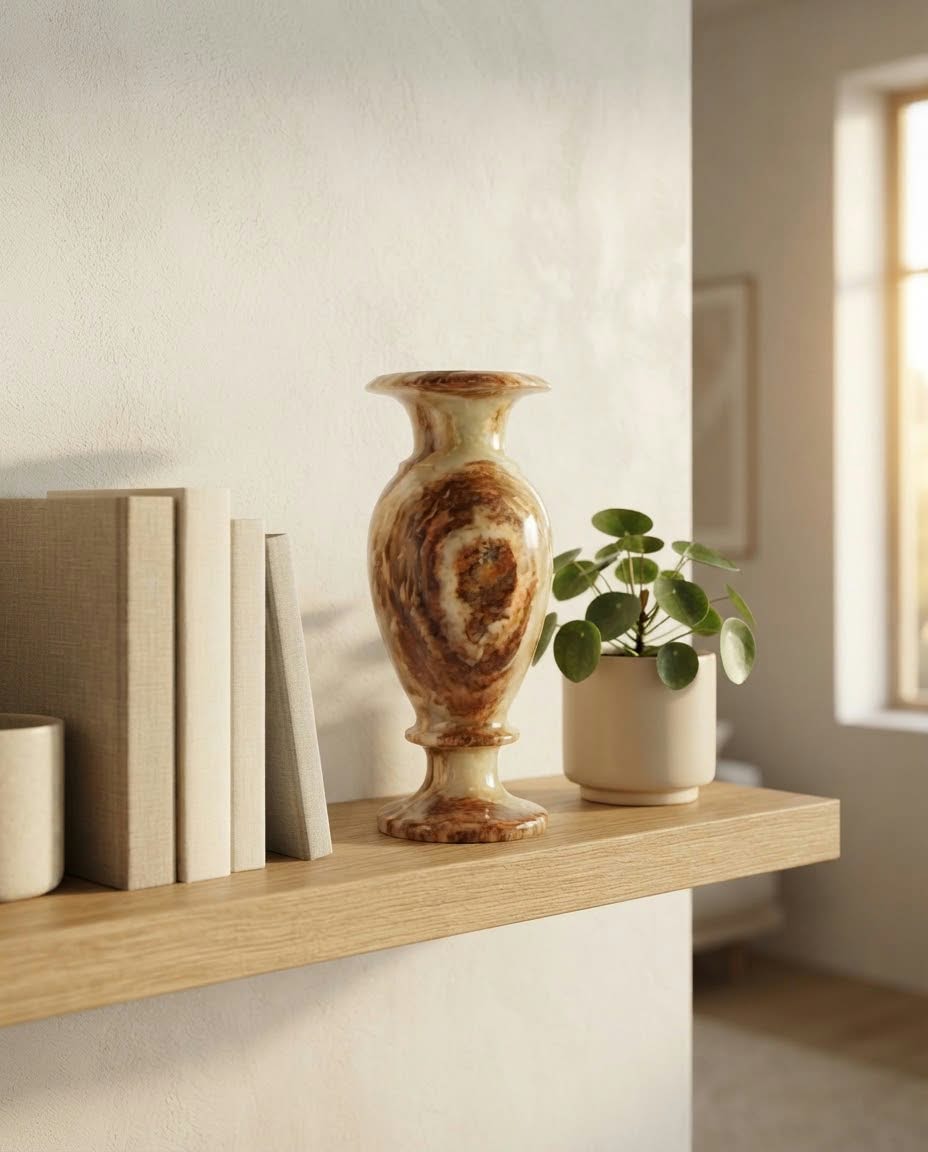Handmade Alabaster Onyx Vase – Natural Brown & Cream Swirl Decorative Vase, Luxury Artisanal Home Decor & Executive Gift