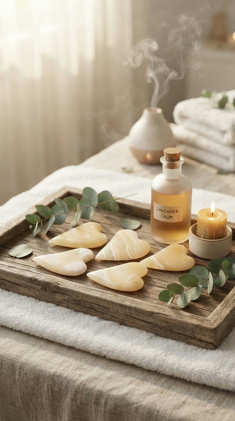 Nile Alabaster Hearts Gua Sha Set (5-Piece) – 100% Natural Egyptian Onyx Facial Sculpting Tools with Organic Facial Oil | Luxury Self-Care Gift