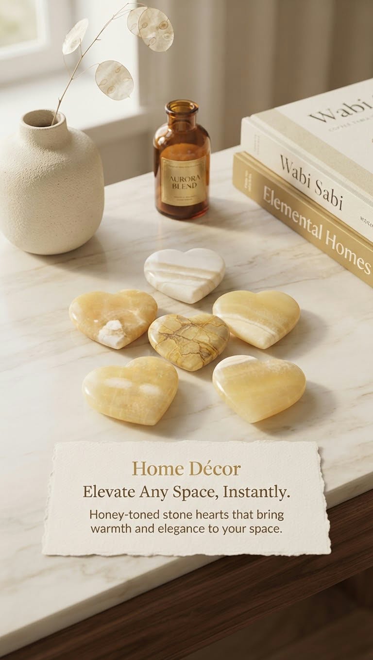 Set of 5 Natural Honey Calcite Stone Hearts + Free Aura Essential Oil